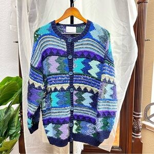 Handmade woven crochet chunky sweater fits XL/1X fair isle cardigan